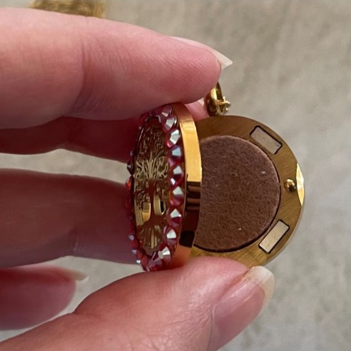 Collier pendentif diffuseur de parfum arbre de vie artisanal strass CRISTAL AUTRICHIEN FIRE OPAL AB artisanal ouvert