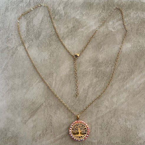 Collier pendentif diffuseur de parfum arbre de vie artisanal strass CRISTAL AUTRICHIEN FIRE OPAL AB artisanal en long