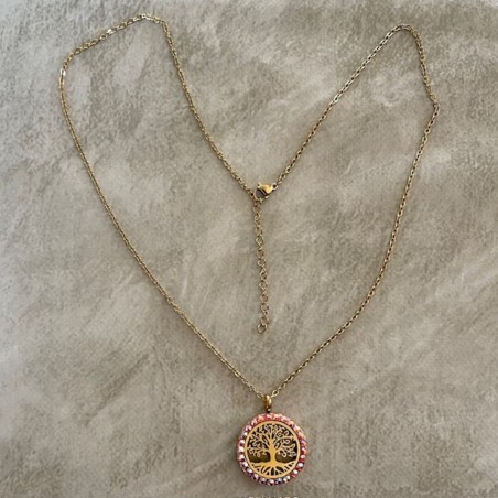 Collier pendentif diffuseur de parfum arbre de vie artisanal strass CRISTAL AUTRICHIEN FIRE OPAL AB artisanal en long