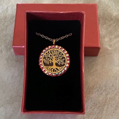 Collier pendentif diffuseur de parfum arbre de vie artisanal strass CRISTAL AUTRICHIEN FIRE OPAL AB artisanal écrin