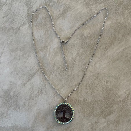 Collier pendentif diffuseur de parfum arbre de vie artisanal strass CRISTAL DE AUTRICHIEN JET AB argent artisanal long