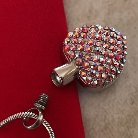 Collier artisanal Pendentif fiole Mémorial, fiole à parfum précieux argent orné de strass CRISTAL DE LUXE HYACINTH AB ouvert