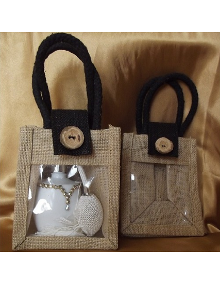 Sacs cadeaux toile de jute avec anses, noir et fenêtre PVC / sac / pochon  - 1