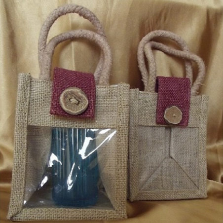 Pochette cadeaux toile de jute rabat bordeaux avec anses et fenêtre PVC/ sac / pochon  - 1