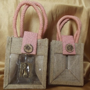 Pochette cadeaux toile de jute avec anses roses et fenêtre PVC/ sac / pochon  - 1