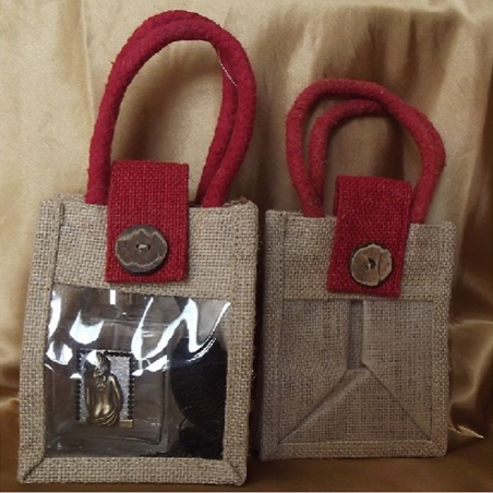 Pochette cadeaux toile de jute avec anses et rabat rouge bordeaux et fenêtre PVC/ sac / pochon  - 1