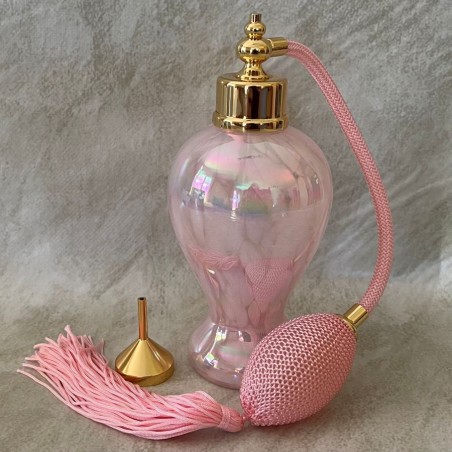 Vaporisateur de parfum poire de luxe en verre artisanal nacré rose vide et rechargeable 130ml