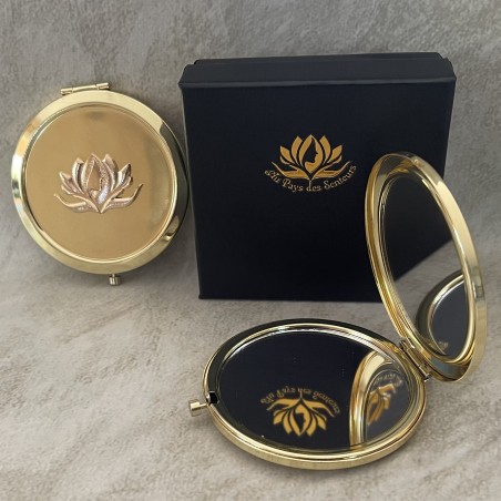 Miroir de sac DELUXE métal or décoration artisanale Marque Au pays des senteurs présentation