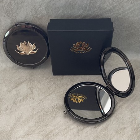 Miroir de sac DELUXE métal noir décoration artisanale Marque Au pays des senteurs présentation