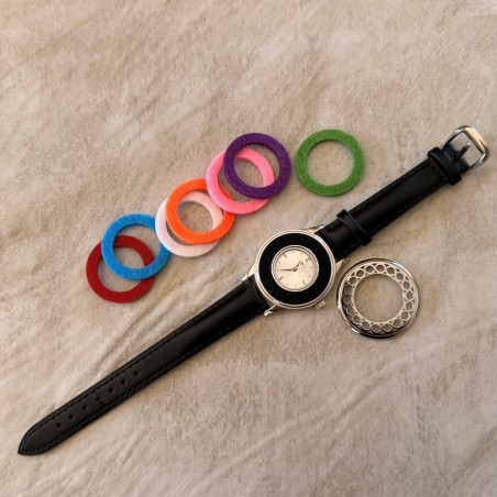 Montre diffuseur de parfum bracelet cuir noir marque Au pays des senteurs