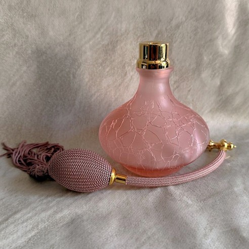 Vaporisateur de parfum artisanal verre craquelé rose évasé grande contenance ouvert